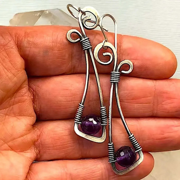 Silver Vintage Handmade Boho Purple Stone Geometric Irregular Dangle Earrings - Picture 3 of 6
